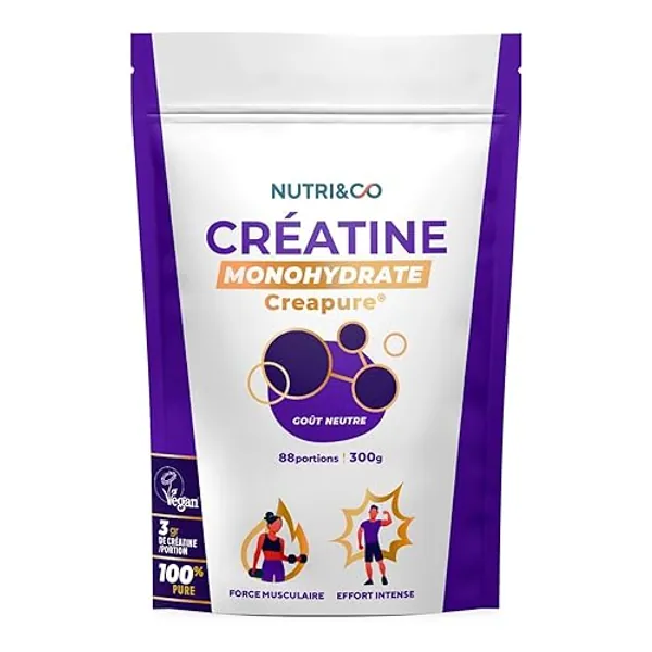 NUTRI & CO Créatine Monohydrate Creapure® en Poudre 300g Goût Neutre - 88 Portions (2mois+) - Vegan et 100% Pure - Adapté aux Sportifs Haut niveau - Sans Additifs Ni Excipients - Conditionné en France