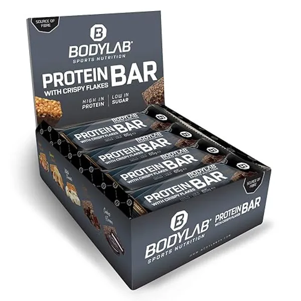 Bodylab24 Crispy Protein Bar Chocolat Crispy 12x65g, barre protéinée avec 27g de protéines par barre, snack fitness pauvre en sucre, barre protéinée croustillante avec beaucoup de fibres - Chocolat Crispy