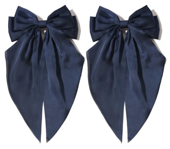 Furling Pompoms Hair Bows for Women - Pack of 2 Navy Blue Hair Bow Clips for Girls Satin Big Bows Long Tail Alligator Clip Ribbon Hair Barrette Hair Accessories for Bridal Bachelorette Party - Navy