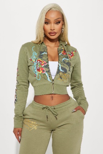 Ed Hardy Butterfly Zip Front Hoodie - Sage