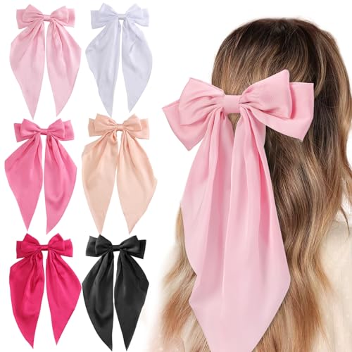 Unbednigt Hair Bows for Women, 6 PCS Silky Satin Hair Clips, Large Bow Hair Barrettes, Oversized Long Tail, Pink Color, Metal Bow Hair Clips, Aesthetic Hair Accessories - Pink
