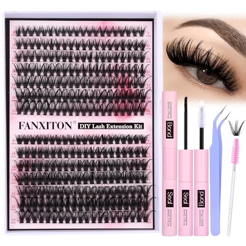 FANXITON DIY Lash Extension Kit Volume Lash Clusters 40D+50D D Curl Individual Lashes Lash Clusters Kit Thick Eyelash Extension Kit 280 pcs Thin Band Cluster Lashes Lash Bond and Seal Lash Tweezers - (NG01)DIY Lash Extension Kit-D Curl