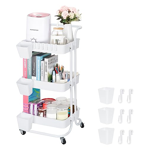 Bemece 3 Tier Trolley, Storage Trolley on Wheels with PP Draining Basket for Kitchen Bathroom Laundry and Office(white) - White 43x37x86cm