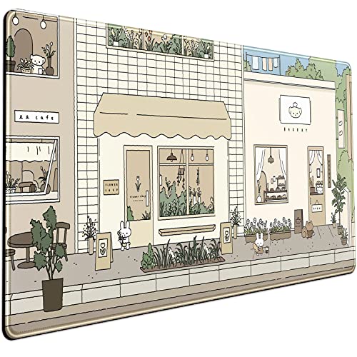 Cute Desk Mat Kawaii Mousepad Bunny and Bear Cute Anime Japanese Street Pastel Beige Brown and Green Mouse Pad, Extra Large Deskmat Cut Laptop Mouse Pads Decor - Beige,Brown,Green