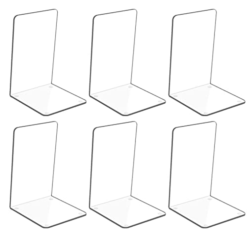 6Pcs Clear Acrylic Bookends with Non-Slip Stickers, Bookends for Bedroom Library Office School and Desktop Organizer Decoration Gift (6) - 6