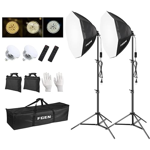 FGen Softbox Set Fotostudio，70cm Achteckiges Softbox LED Fotolicht mit 135W 3000-6500K, 2m Vollverstellbare Lichtstativ Foto licht für YouTube, Tiktok Videoaufnahmen, Studio Portraits, Fotografie - 2x70cm Achteckige Softbox