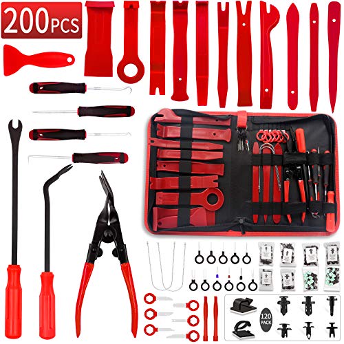 Wetado Trim Tools Auto Removal Kit, 200Pcs Car Trim Puller Tool Kit, Plastic Pry Tools Set for Trim/Panel/Door/Audio, Auto Clip Pliers/Fastener Remover/Terminal Removal Tool Kit (Dark Red-200PCS) - Dark Red-200PCS