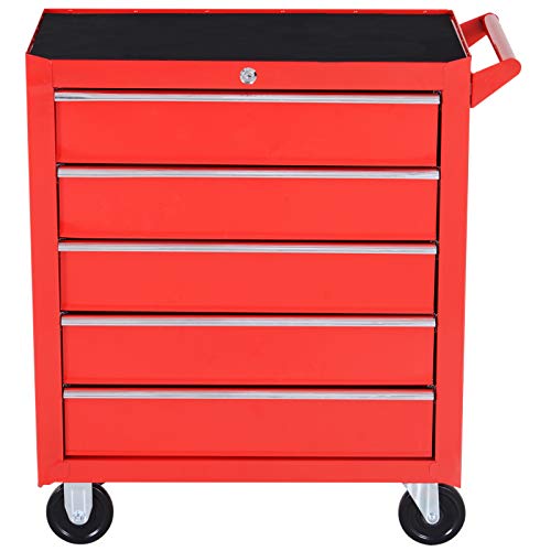 DURHAND Professional 5 Drawer Roller Tool Cabinet Storage Box Workshop Chest Garage 4 Smooth Wheels Wheeling Trolley w/Handle - Red