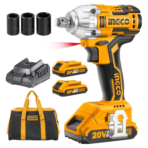 Ingco 20V Brushless Lithium-Ion Impact Wrench with 2Pcs 2.0Ah Batteries, 1Pcs Charger, 3Pcs Sockets, 1/2 Inch, 300NM CIWLI20013
