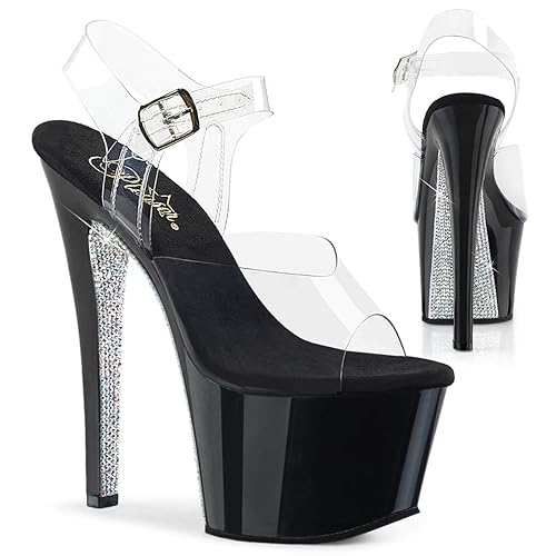 Pleaser Women's Sky-308CRS Ankle-Strap Sandal - 7 - Clear/Black-silver Ab Rstn