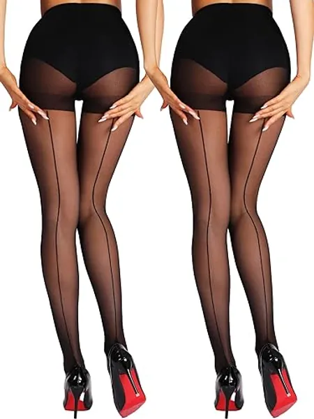 HONENNA Backseam Sheer Tights for Women 2 Pairs High Waist Patterned Cuban Heel Pantyhose With Control Top - Small - Black
