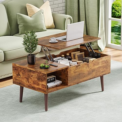 OLIXIS Coffee Tables, Small Coffee Table with Storage Shelf and Hidden Compartment, Modern Wood Lift Top Coffee Table for Living Room, Office, Reception Room (Rust Brown) - Rust Brown