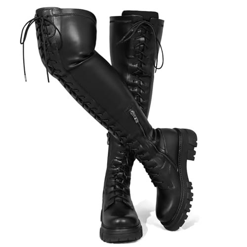 CouieCuies Black Thigh High Boots For Women Platform Over The Knee High Boots Lug Sole Comfortable Stretch Boots 6-11 - 6 - Black-lace Up