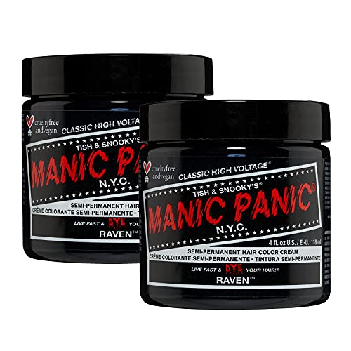 MANIC PANIC Raven Black Hair Dye – Classic High Voltage - (2PK) Semi Permanent Hair Color - Cool Black With Blue Undertones - For Dark, Light Hair - Vegan, PPD & Ammonia Free - For Coloring Hair - Raven - 4 Fl Oz (Pack of 2)