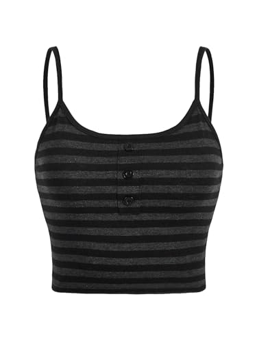 Women Goth Punk Striped Button Cami Top Summer Y2K Grunge Sleeveless Spaghetti Strap Crop Top - Small - Grey