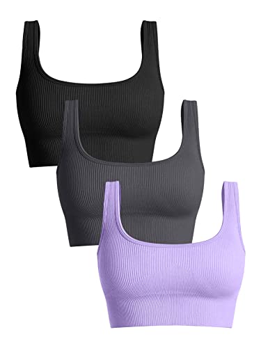 OQQ Women's 3 Piece Medium Support Tank Top Ribbed Seamless Removable Cups Workout Exercise Sport Bra - Black Darkgrey Lavender - Small