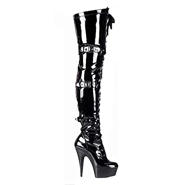 High Heel,Men Womens Over The Knee Boots Lace Up Leather Thigh High Boots with Belt Sexy Slim Stretchy Pole Dance Boots Heels 15cm,A,8 UK