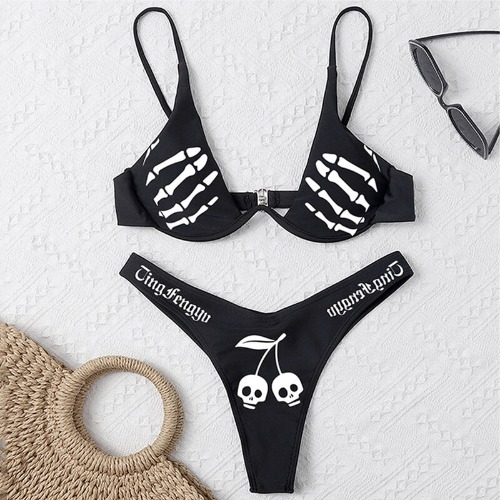 Cherry Skull Gothic Women Bikini Set - Black / M (Bust 37 cm)