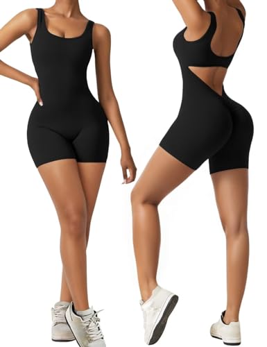 Vertvie Damen Jumpsuit Kurz Eng Scrunch Butt Bodysuit Sexy Rückenfrei Ärmellose Playsuit Stretch Sport Overall One Piece Ganzkörperanzug Romper Yoga Fitness Workout - M - Schwarz