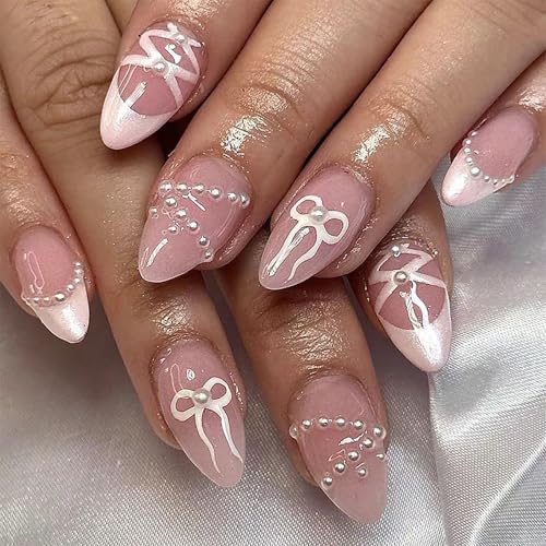 Almond pink white press on nails