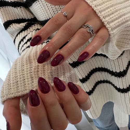 Wine Red Press On Nails Short Oval,KQueenest Thick Acrylic Nails Press Ons,Short Almond Nails Glue on,Natural Round Fake Nails,One Color Gel Full Cover Stick On Nails Set For Tiny Average Wide Nail Beds - cute