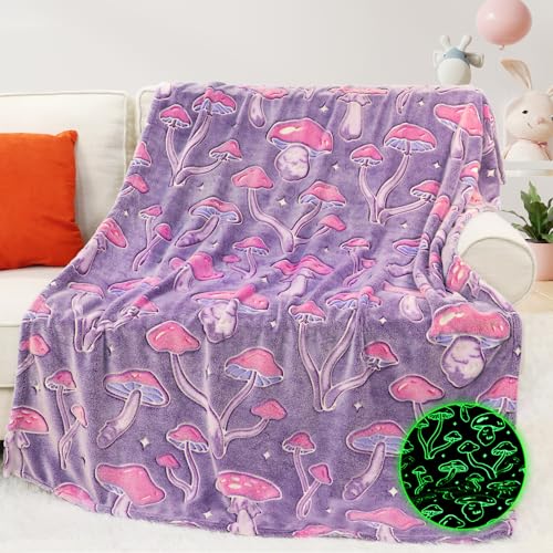 MIBOI Mushroom Blanket Glow in The Dark Cute Mushroom Throw Blanket for Adult Girls Cottagecore Decor Soft Fleece Blanket for Kids Bed Couch Kids Birthday Halloween - Glow Mushroom Blanket - Throw Size 50" x 60" (130 x 150 cm)