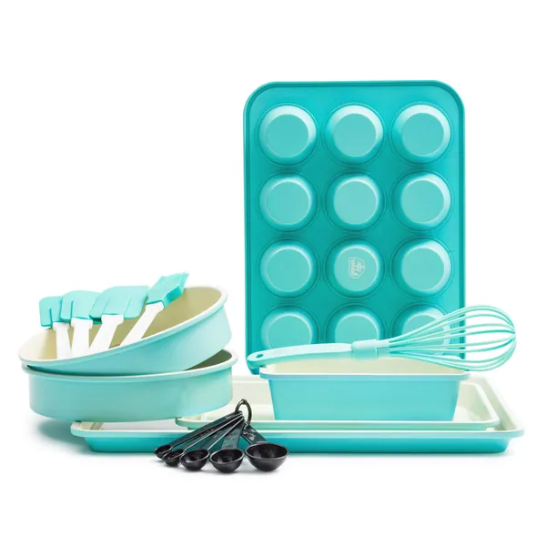GreenLife Bakeware Healthy Ceramic Nonstick, 12 Piece Baking Set with Cookie Sheets Muffin Cake and Loaf Pans including utensils, PFAS-Free, Turquoise - 12 Piece Baking Set