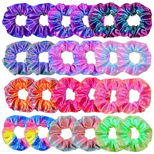 24Pcs Hair Scrunchies for Girls Shiny Metallic Scrunchies Cute Elastic Hair Bands Scrunchy Hair Ties Ponytail Holder for Girls Women Hair Accessories with a Gift Bag for Gym Dance Party Club - Rainbow Colors
