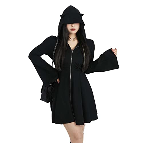 MLAFE Gothic Hooded Little Black Dress Autumn and Winter Waist Hooded Sweater Dress Doll Sleeve Slim Dress Harajuku Dress - Small - Black