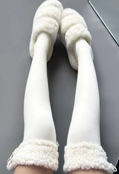 Kawaii Thigh Stockings Winter Warm Elastic Plush Stitching White Over Knee Socks