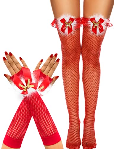 RSLOVE Women's Sexy Christams Fishnet Thigh High Stockings and Santa Fingerless Gloves with Bell Xmas Costume Red Accessories - One Size - Medium Fishnet Stocking & Gloves