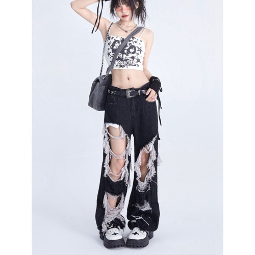 'Recall' Black Grunge Ripped Tassel Pants - Black / S