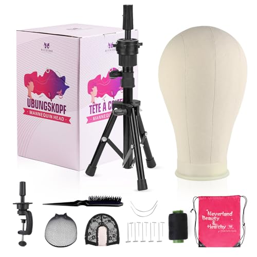23 Inch Wig Head,Wig Stand Tripod with Head,Canvas Wig Head Stand with Mannequin Head for Wigs,Manikin Head Block Set for Wigs Making Display with Wig caps,T Pins Set,Bristle Brush - 23inch-White