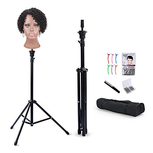 Klvied Reinforced Wig Stand Tripod Mannequin Head Stand, Adjustable Holder for Cosmetology Hairdressing Training with T-with Caps, T-Pins, Comb, Hair Clip, Carrying Bag - Black wig stand