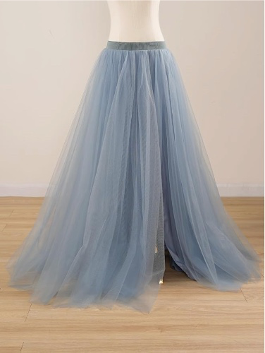 EllieHouse Adult Split Long Floor Prom Party Evening Tulle Skirt P61 - Dusty Blue - Large