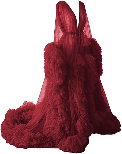 Tianzhihe Puffy Tulle Robe Maternity Dress for Photoshoot Long Sheer Bridal Robe Baby Shower Dress Pregancy Gown Nightgown - Small-Medium - Burgundy