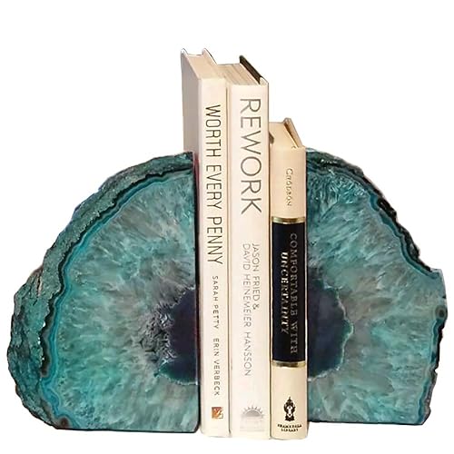 AMOYSTONE Agate Geode Bookends Heavy Duty Stone Book Ends Decorative Bookend Holder Home Office Decor with Rubber Bumpers Teal 1 Pair, 2-3 LBS - Dyed Teal - 2-3LBS