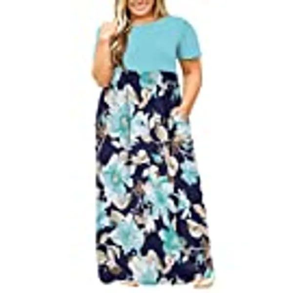 KARALIN Women's Plus Size Short Sleeve Loose Plain Casual Long Maxi Dresses with Pockets