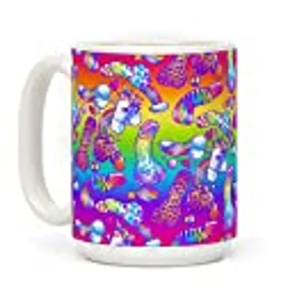 LookHUMAN 90s Neon Rainbow Penis Pattern White 15 Ounce Ceramic Coffee Mug