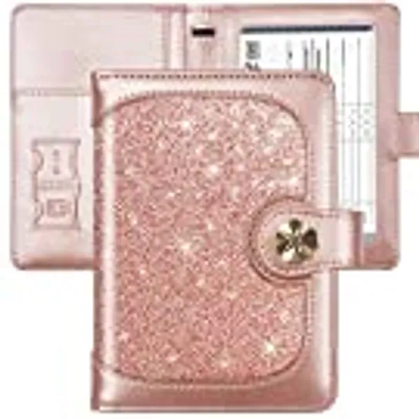 Passport Vaccine Card Holder,Traveling Passport Cover with CDC Vaccination Card Slot RFID Blocking Passport Wallet for Women, Glitter Rose Gold