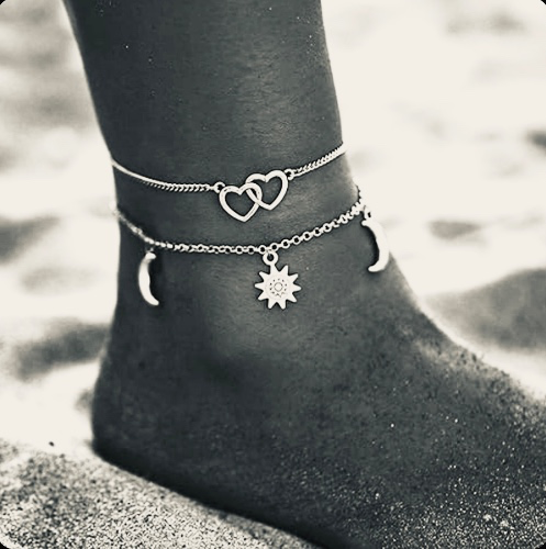 Wedity Vintage Sun and Moon Anklets Silver Simple Love Heart Anklet Bracelets 2-layer Summer Accessories Beach Foot Jewelry Adjustable for Women Girls
