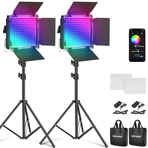 NEEWER 2 x 660 PRO RGB LED Videoleuchte Panel mit Stativ Ständer Set App Steuerung 360° Vollfarbe Videolicht 50W Dimmbar 3200~5600K CRI97+ Studio Dauerlicht Gaming/Streaming/Zoom/YTB/Webex/Fotografie - RGB660 PRO