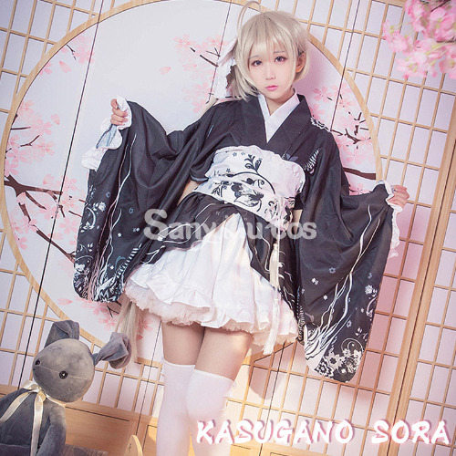 【48H To Ship】Anime In Solitude Kasugano Sora Black Kimono Cosplay Costume - S