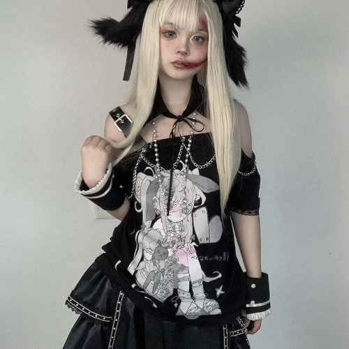 Pastel Menhera Off The Shoulder Tee - Black / S