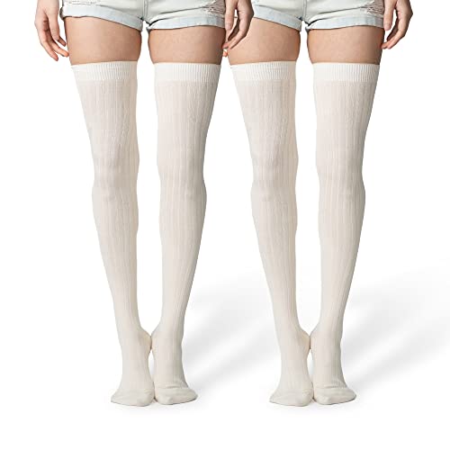 Love Classic Ribbed Cotton Women's Thigh High Socks Over the Knee Boot Leg Warmers - Small-Medium - 2-pack Ivory