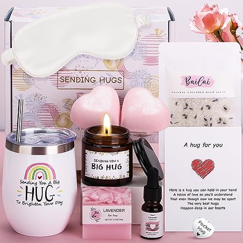 Birthday Pamper Gifts for Women, Unique pamper hampers Hug in a Box Care Package for Women, Lavender Relaxation Spa Gift Set for Her, Get Well Soon Gifts Thinking of You Gifts for Mum, Sister, Friend - Sending Hug(Pink)