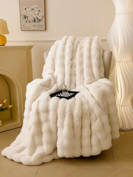 1pc Polyester Winter Style Beige Rabbit Fur Long Plush Blanket Bedding Throw