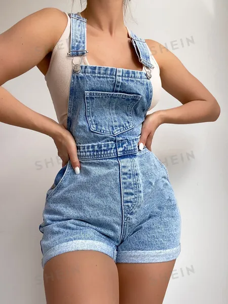 SHEIN Frenchy Roll Up Hem Denim Dungaree Romper Without Tank Top