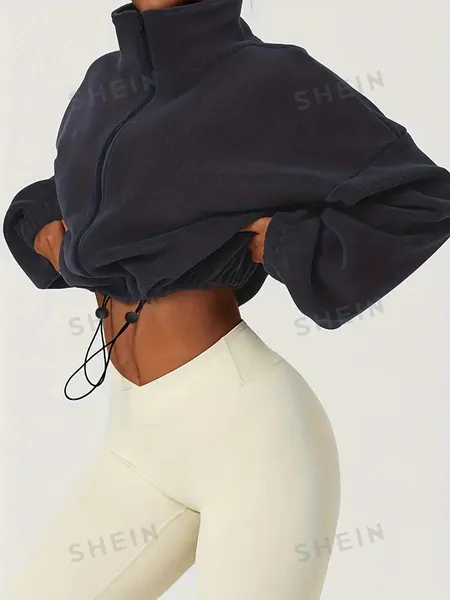 SHEIN EZwear Women's Solid Color Zipper Front Drawstring Waist Sweatshirt
