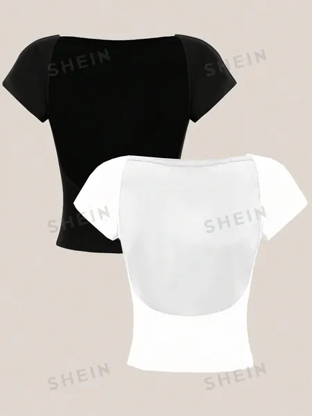 SHEIN EZwear 2pcs/Set Open Back Round Neck Short Sleeve Tight Crop Top T-Shirt, Suitable For Summer